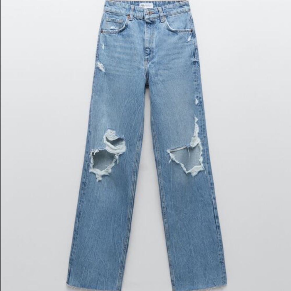 Zara Wide Leg High Rise Distressed Denim Jean
